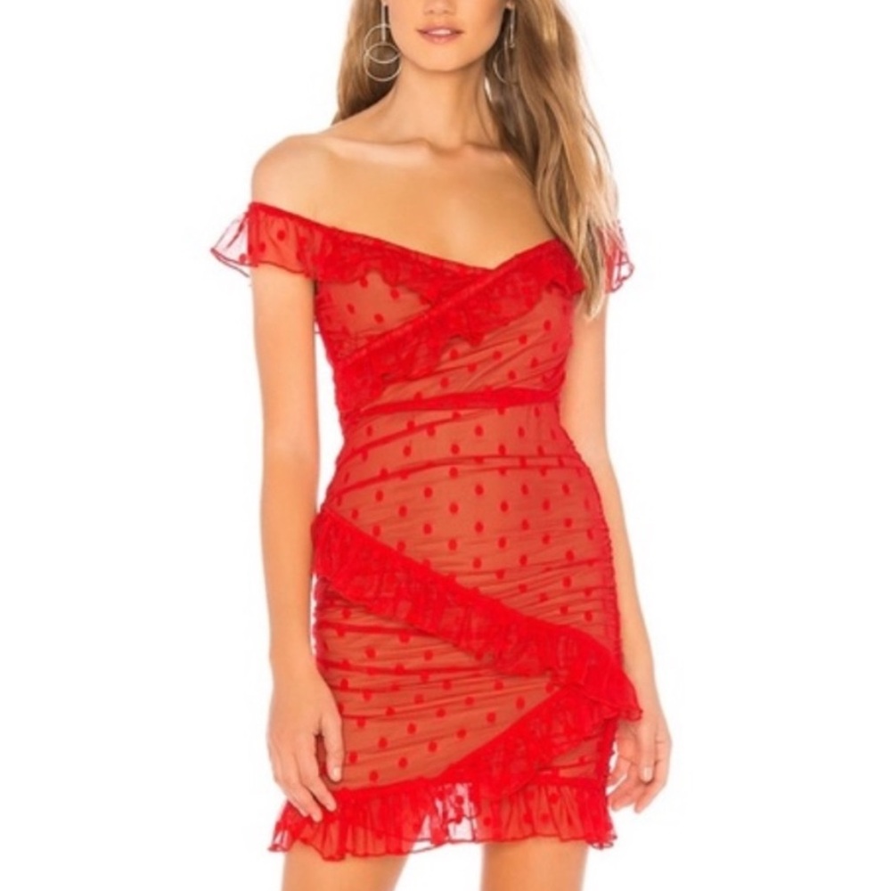 Revolve MAJORELLE Red Sheer Polka Dot Dress with Ruffle Trim